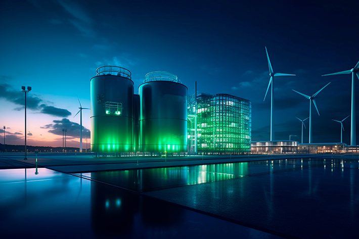Renewable Green hydrogen energy facility plant by night with beautiful illuminated lighting